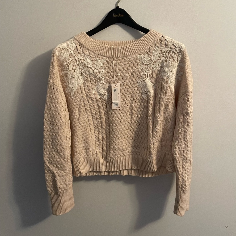 Rebecca Taylor cropped cotton cream sweater with lace detail NWT size L